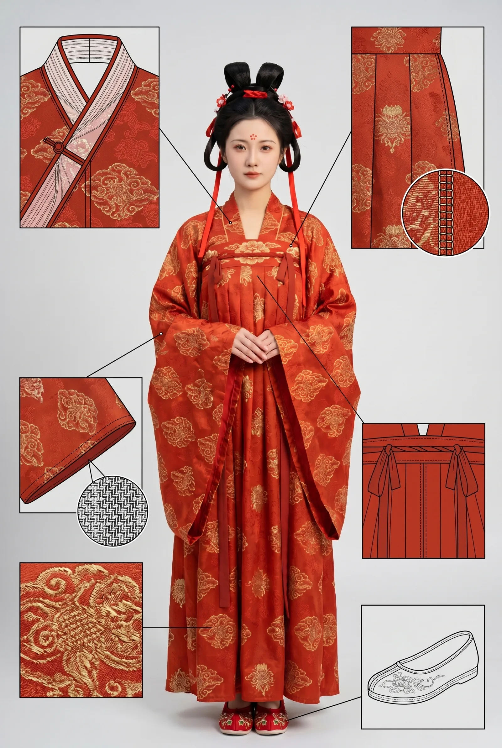 服装拆解图:领口、花纹、面料、鞋履细节标注