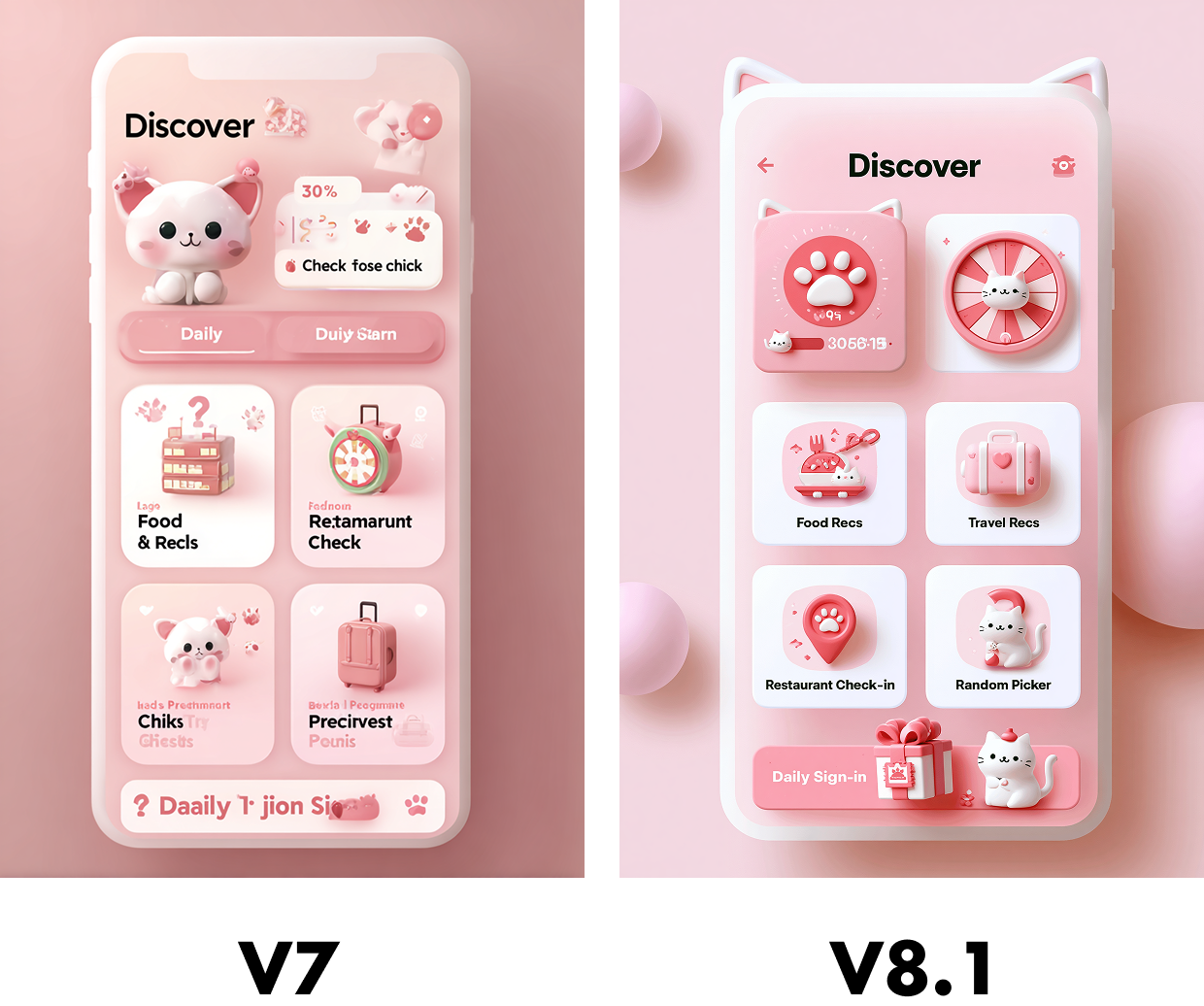 V8.1 APP UI 设计稿:复杂布局与 UI 文字渲染,粉色系猫咪主题发现页