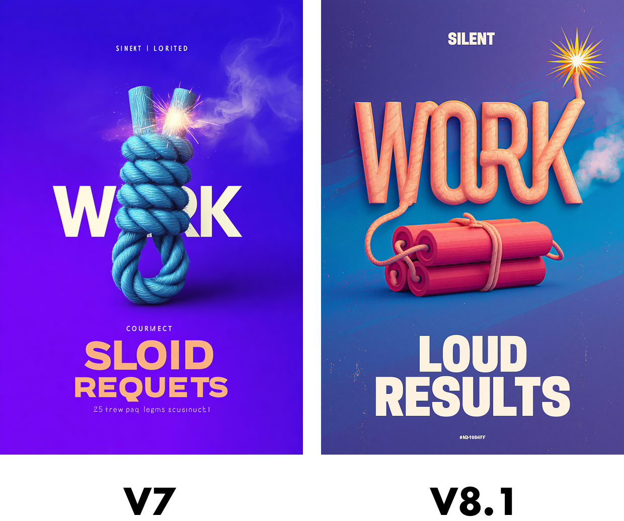 V8.1 创意文字海报:绳索造型 WORK 字样与炸药元素,文本渲染增强能力展示